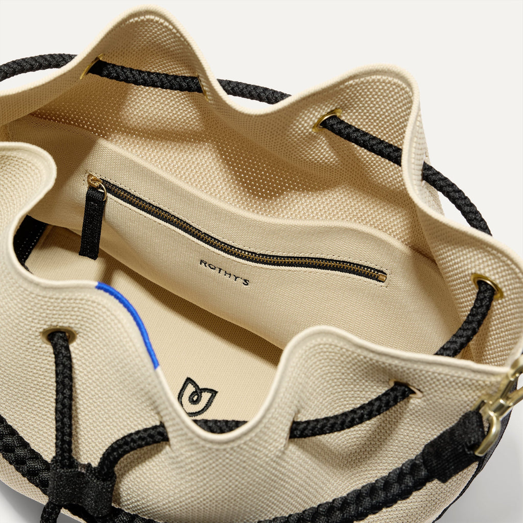 The Cinch Bucket Bag - Black and White Raffia-Knit