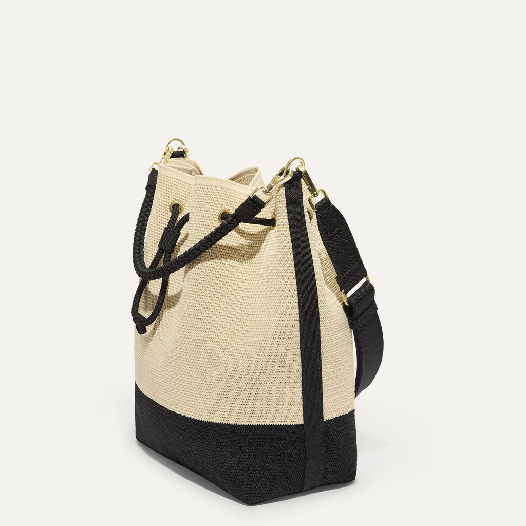 The Cinch Bucket Bag - Black and White Raffia-Knit